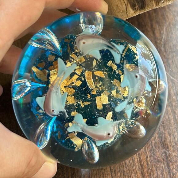 Vintage Murano Style Controlled Bubbles Dolphins w/ Gold Flakes Paperweight - Picture 1 of 9